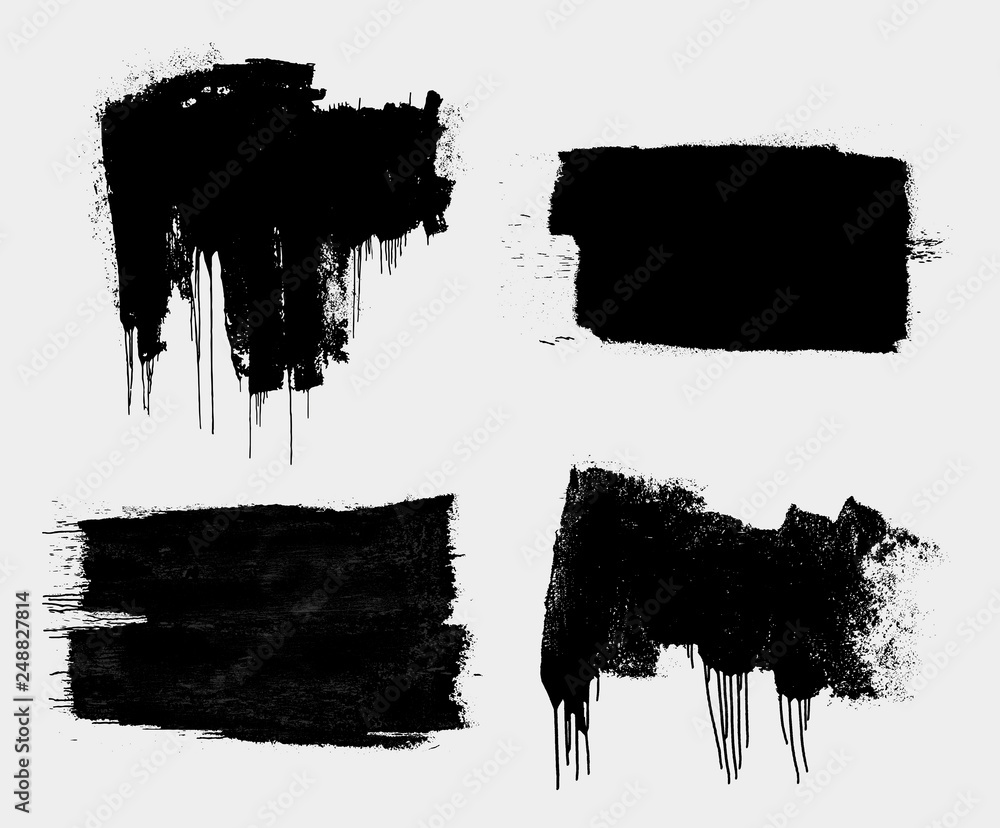 Set of Dirty isolated basis. Artistic messy banner background. Paint roller distress overlay texture. Grunge design element. Vector illustration. Isolated on white background.