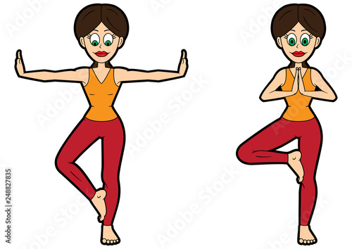 Yoga asana set tree pose/ Illustration cartoon girl doing vrikshasana. Two variations