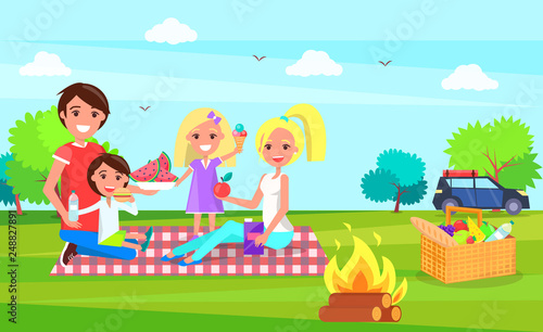 Picnic family sitting on cloth and eating watermelon vector. Car transport standing in distance  mother and father  children holding ice cream dessert