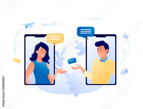 Concept vector illustration of chatting via the Internet using mobile phone, social networking, communication, news, messages, search friends. For web banner, website, flyer, card.