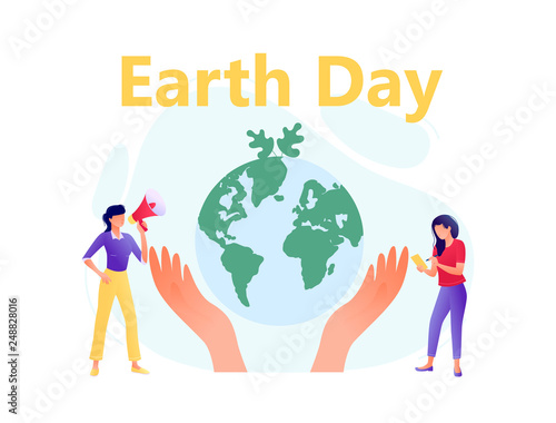 Hands hold planet with little people - save the planet, Earth Day, save energy concept. Flat concept vector illustration for web, landing page, banner, presentation, flyer, poster.