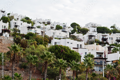 Beautiful scenic landscape with small buildings on mountain with palms. Exotic scenery resort. Popular landmark, famous destination of Bodrum, Turkey.