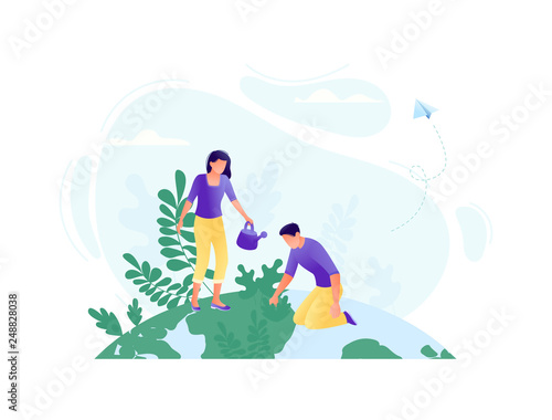 Little people plant trees together on the big planet - save the planet, Happy Earth Day, save energy, ecology, world environment day concept. Flat concept vector illustration