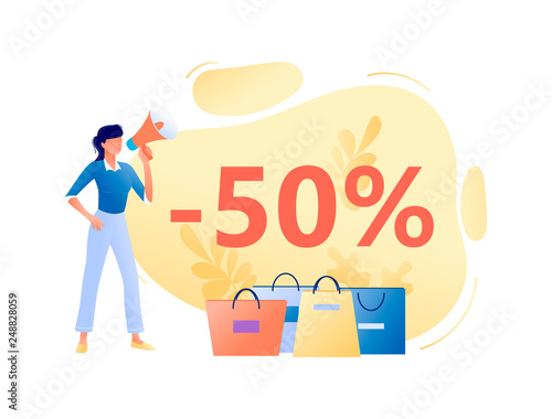 Online Sale - young woman with megaphone and bags. Discount, e-commerce customer concept. Flat vector illustration for web, landing page, banner, presentation, flyer.