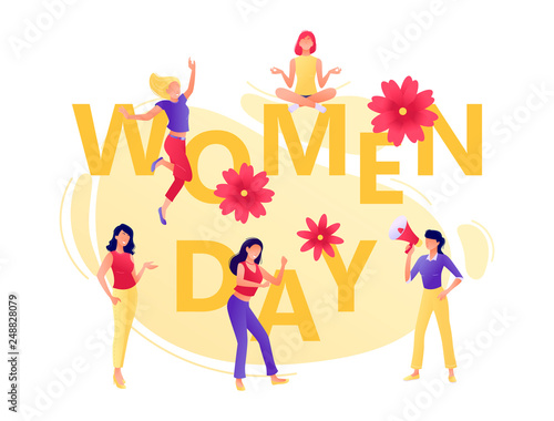 Women s Day 8 march - Little young happy women near big letters. Flat concept vector illustration for web, landing page, banner, presentation, flyer, poster.