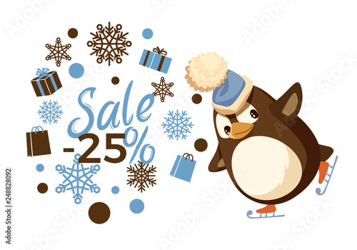 Holiday sale 25 percent, skating penguin in hat vector. Blue gift box in wrapping, discount and special offer, present in boxes, and snowflake ornaments