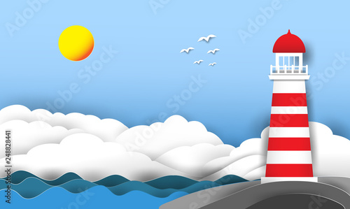 The lighthouse is located in the rocks by the sea with clouds in the sky and the sun.  paper art design.
