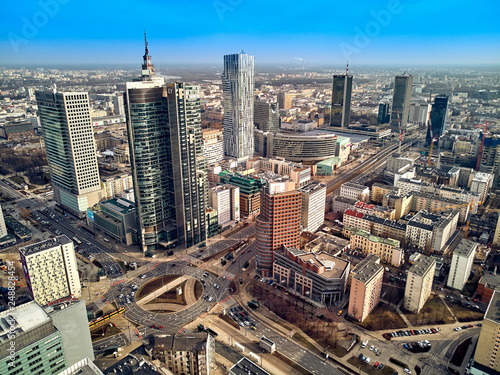 Beautiful panoramic aerial drone view to panorama cityscape of Warsaw modern City, PKiN and "Rondo 1" office skyscraper located at Rondo ONZ