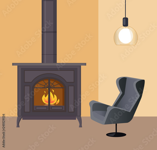 Fireplace in room home interior house atmosphere vector. Furnace made of metal of vintage style, lamp hanging on ceiling, armchair by metallic stove