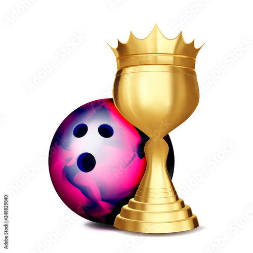 Bowling Award Vector. Bowling Ball, Golden Cup. Banner Advertising. Sport Event Announcement. Competition Announcement, Game, League Design. Championship Illustration