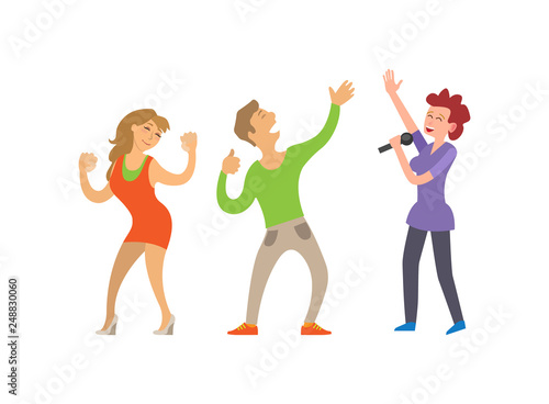 Partying people dancing couple and female singer vector. Clubbing lady and male, boyfriend and girlfriend dancers, singing woman with microphone mic