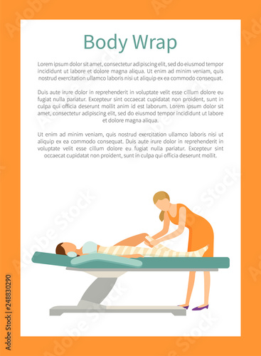 Body wrap done by experienced specialist expert in spa salon vector poster. Procedure of wrapping leg to get rid of cellulite, cosmetician and client