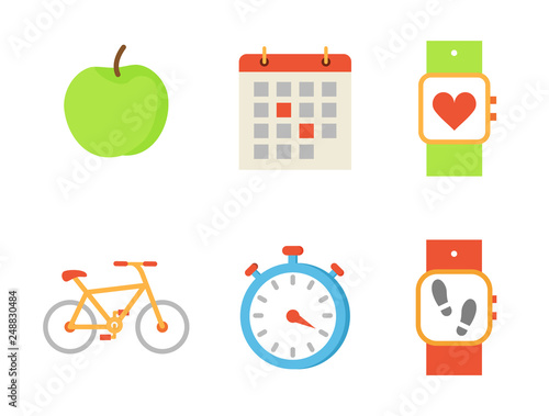 Bicycle and apple fruit set of icons vector. Bike and calendar with highlighted events, wristband with heart rate and steps quantity. Timer and watch