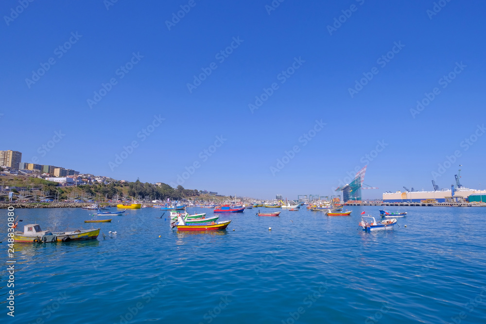 Beautiful view of the harbor port of San Antonio and the City, Valparaiso, Chile