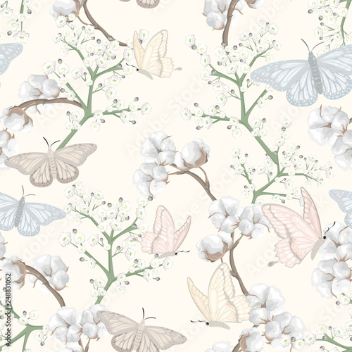 seamless pattern with butterflies and cotton flowers
