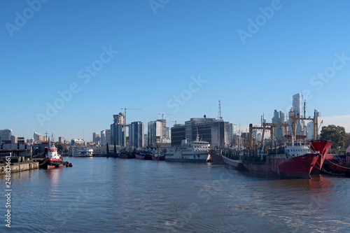 Ships at the port harbor of Buenos Aires, cityscape in the background, Argentina, South America © reisegraf