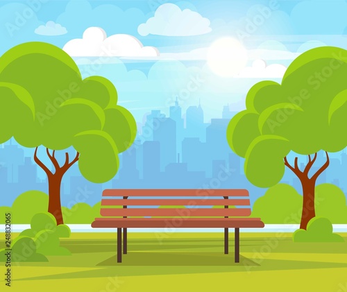 City summer park with green trees bench, walkway and lantern. Town and city park landscape nature. Cartoon vector illustration.