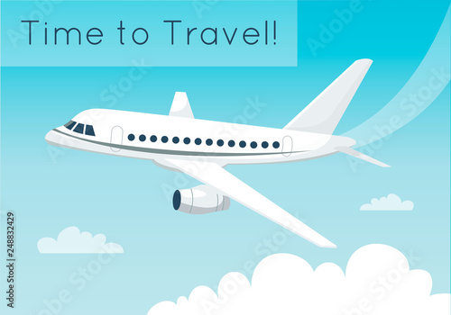 Wallpaper Mural Airplane flying in the sky with clouds. Traveling or delivering concept. Vector illustration. Flat cartoon style. Torontodigital.ca