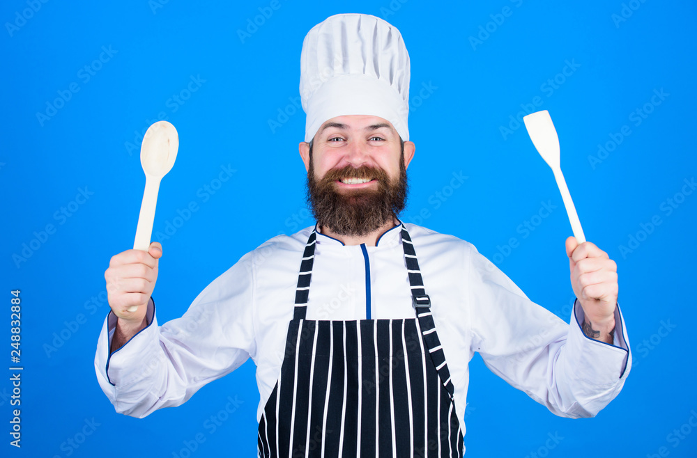 Naklejka premium Great day. Chef man in hat. Secret taste recipe. Vegetarian. Mature chef with beard. Dieting and organic food, vitamin. Healthy food cooking. Bearded man cook in kitchen, culinary