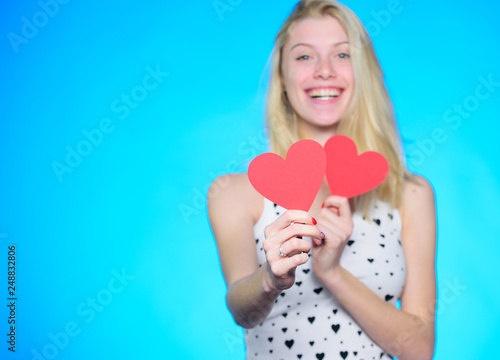 Celebrate valentines day. Girl romantic mood dream about date. Love and romance. Crazy in love. Woman cheerful girl hold heart valentines decoration. Happy valentines day. Valentines day attribute