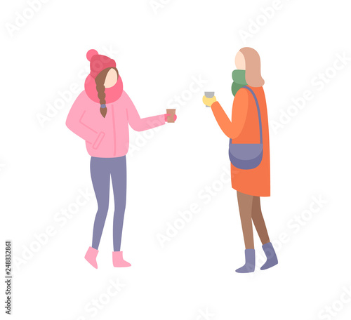 Woman friends talking discussing problems at street vector. Cold weather outdoors female girlfriends wearing warming clothes hats and jackets trousers