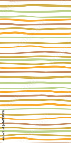 Hand drawn seamless geometric pattern with stripes, in brown, green, orange, on white background. Vector illustration. Flat style design. Concept for kids textile print, wallpaper, wrapping paper.
