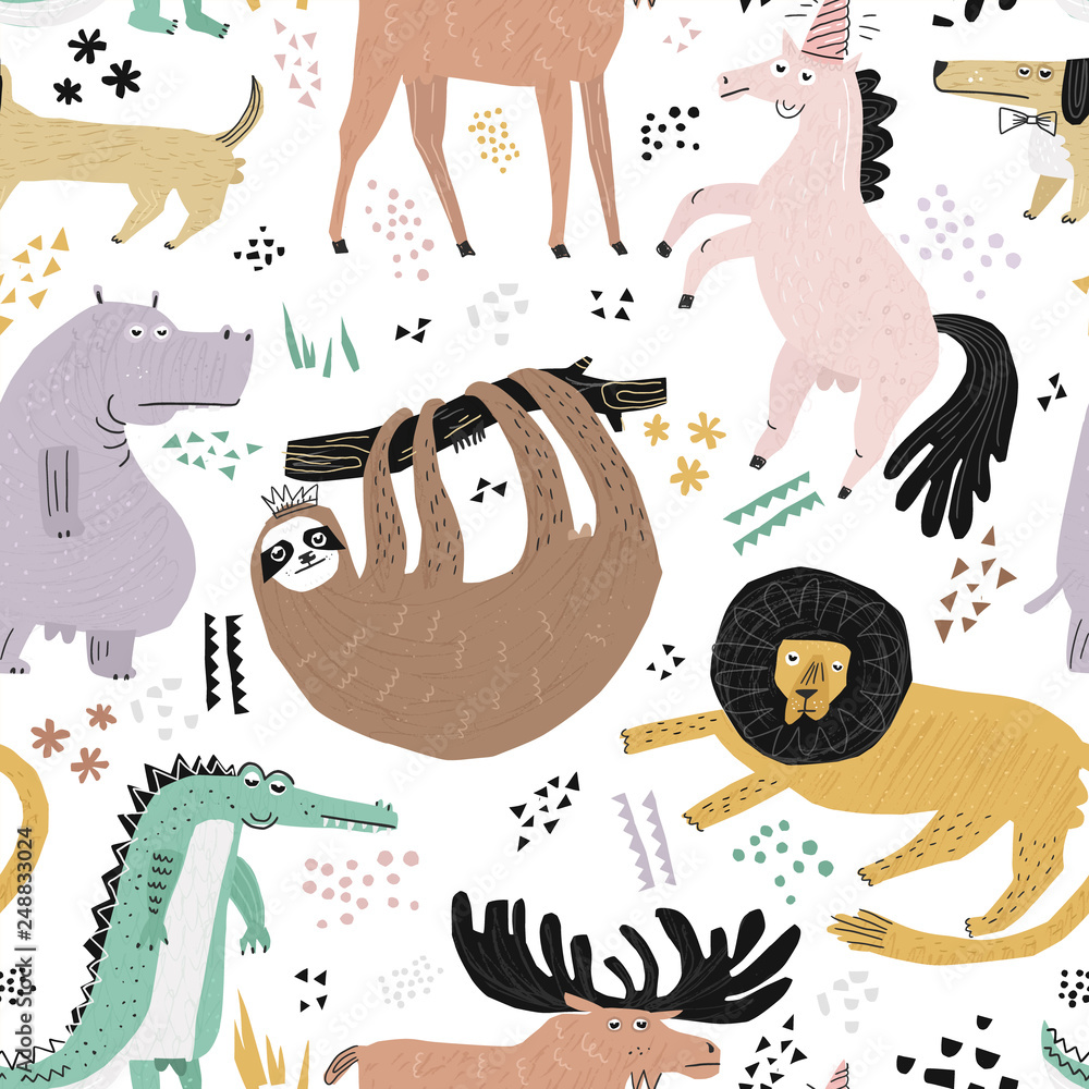 Lazy animals hand drawn color seamless pattern - obrazy, fototapety, plakaty 