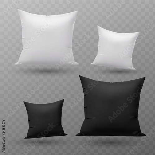 Vector realistic blank white, black square and rectangular pillow or cushion icon set isolated on transparent background. Design template. 