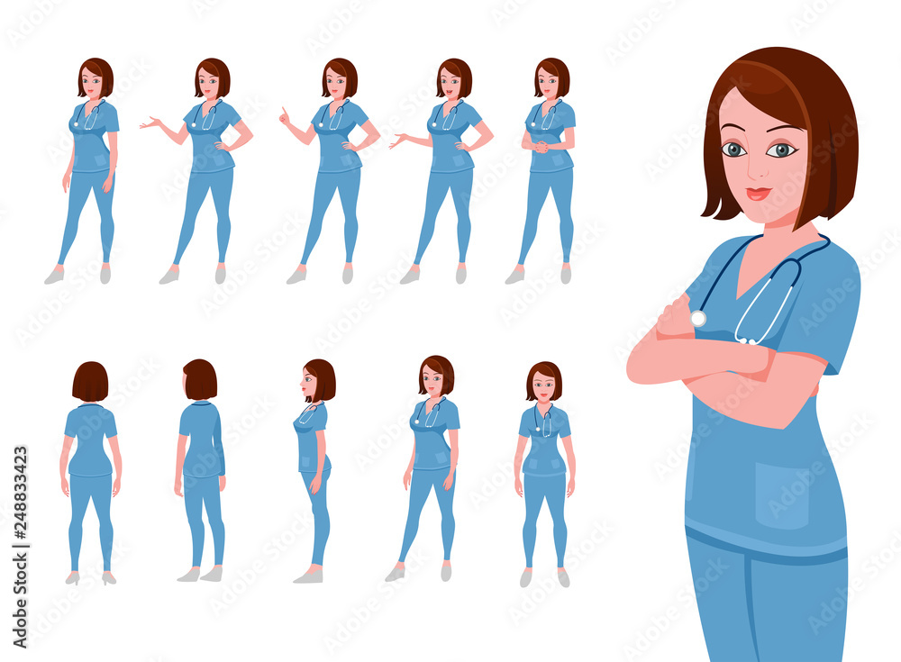 Fototapeta premium Female doctor character model sheet and turnaround