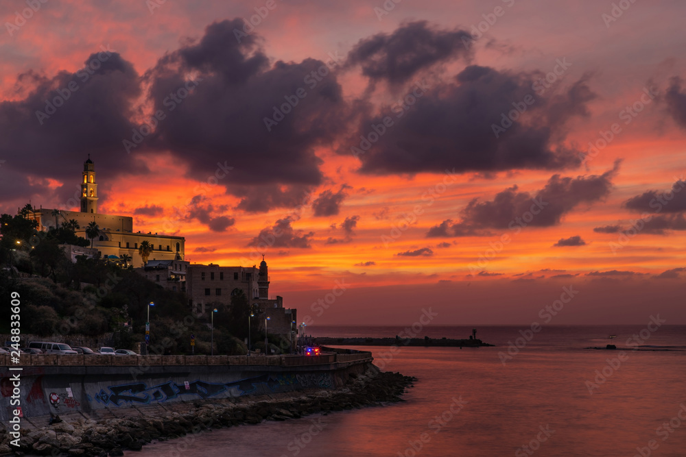 Mosque in old jaffa during mystic sunset on the mediterranean sea