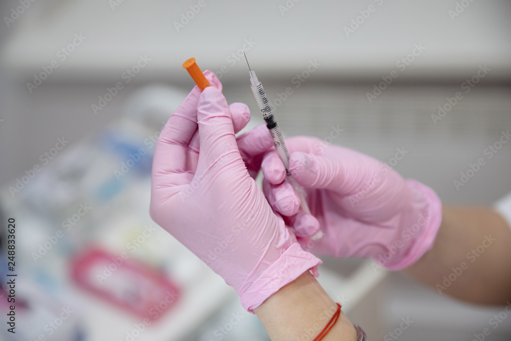 Medical hand gloves dispose drug insulin needle syringe,concept flu