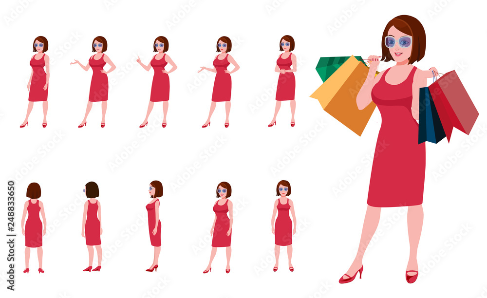 Shopping girl Character turnaround and poses. Stock Vector | Adobe Stock