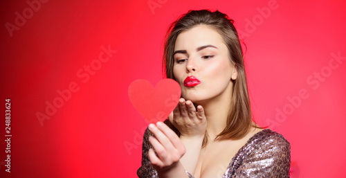 Tender kiss from lovely girl with makeup red lips. Spread romantic mood around. Sweet kiss. Air kiss. Love you so much. Woman attractive kiss face send love to you. Valentines day and romantic mood