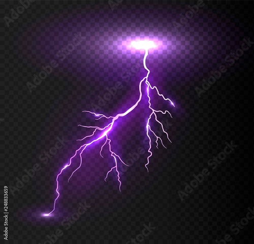 Realistic vector violet lightning on checkered background. Bright, electric lightning.