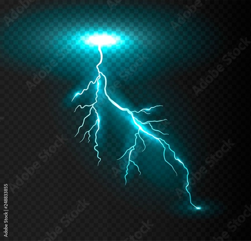 Realistic vector blue lightning on checkered background. Bright, electric lightning.