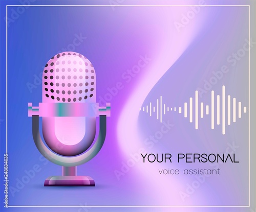 Personal assistant and voice recognition concept flat vector illustration of sound symbol intelligent technologies. Microphone with bright voice and sound imitation lines.