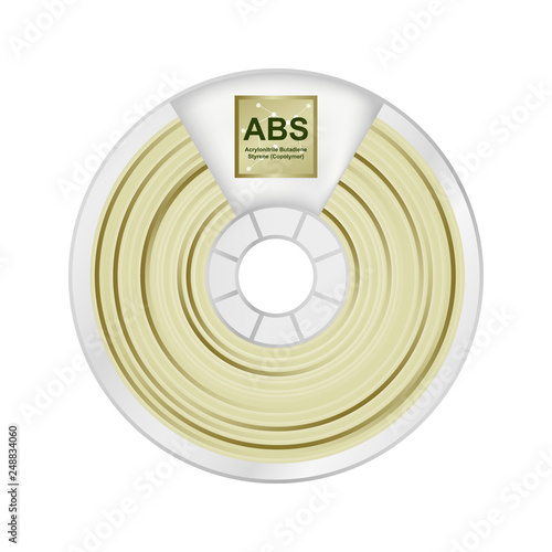 Vector illustration of natural white and yellow abs filament for 3D printing wounded on the spool with a name ABS. Plastic material for a 3D printer – Acrylonitrile butadiene styrene isolated on white