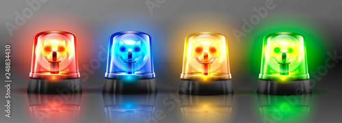 Realistic Flasher Siren Set Vector. Red, Orange, Green, Blue. 3D Realistic Object. Light Effect. Rotation Beacon. Emergency Flashing Siren. Isolated On Gray Background Illustration.