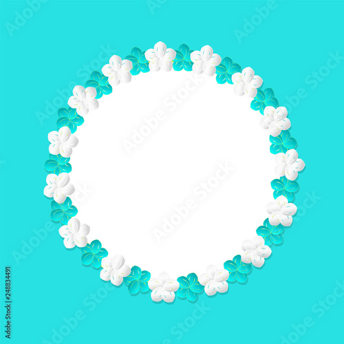 Round frame decorated by flowers. Paper holiday empty card blossom circle isolated on blue, illustration in flat style, vector banner with spring plants