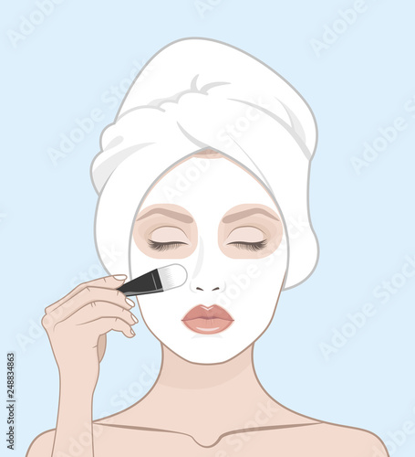 Woman applies face mask. Woman with a towel on her head, vector illustration.