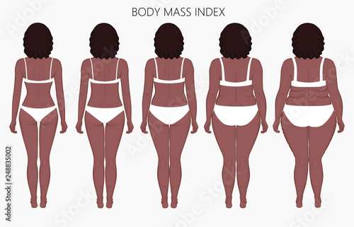 Vector illustration body mass Index African American woman from lack of weight to obesity. Back view. For advertising of cosmetic plastic procedures stomach shunting, diet, medical publications