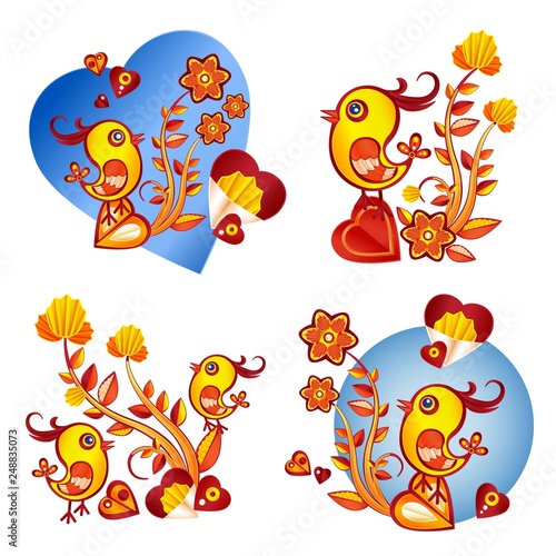 paperart valentine day illustration with chicken, flowers and heart
