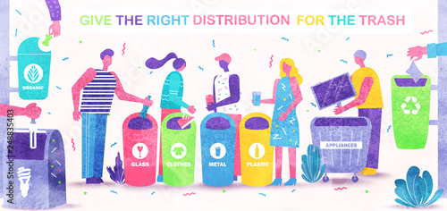 Garbage sorting, ecology maintenance, recycled vector. Trash bins for glass and clothes, metal, plastic, appliances and organic wastes rubbish. Peoples sorting different types of garbage for recycling