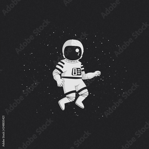 Monochrome vector illustration, t-shirt design, poster. Cartoon astronaut with stars on a dark background. Exploration, adventure, loneliness concept.