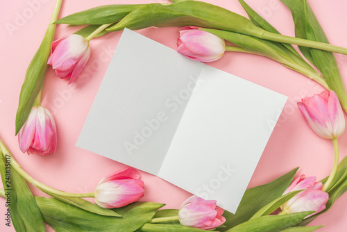 Fototapeta Naklejka Na Ścianę i Meble -  white blank greeting card with pink tulips arranged around on pink background