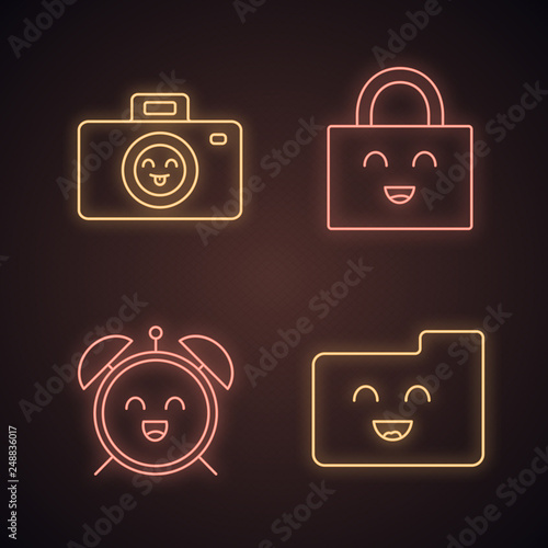 Smiling items neon light icons set