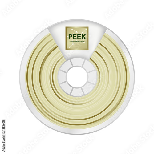 Vector illustration of natural white and yellow peek filament for 3D printing wounded on the spool with a name PEEK. Durable plastic material for a 3D printer. Polyether ether ketone isolated on white