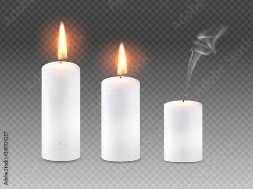 Burning candles set. Aromatic decorative round cylindrical candle sticks with burning flames on transparent background. Vector 3D realistic isolated decoration white element design