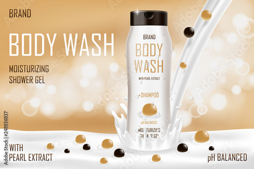 Moisturizing pearl body wash gel with splashing cream. Realistic body wash ad for poster. Skin care packaging product design. 3d vector illustration