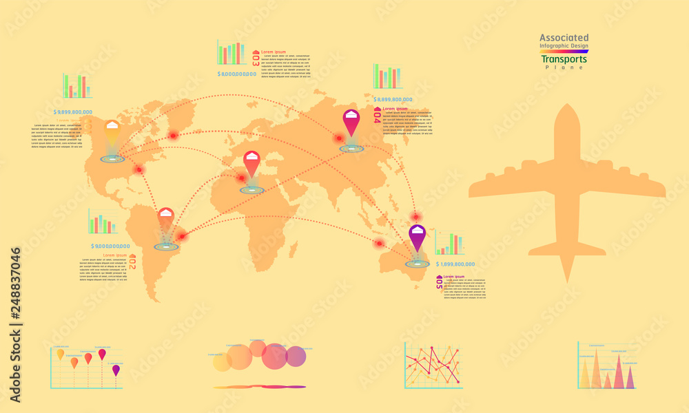 plane transports associated company factory world map mark point infographic design with summary graph chart data egg tone vector illustration eps10